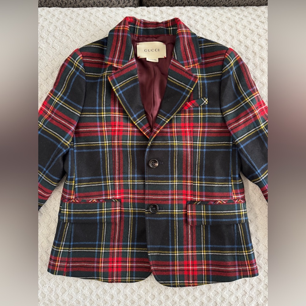 GUCCI Kids Elementary Tartan Blazer Jacket Size 6 Red Black Green Yellow Plaid - Picture 5 of 15